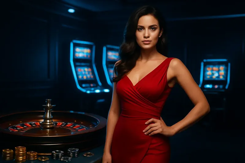 Elegant woman in red dress standing near roulette and slot machines with gold coins and poker chips in a luxurious casino setting