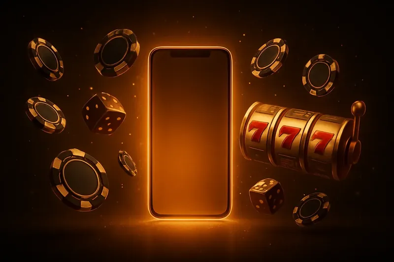 Glowing smartphone surrounded by casino chips, slot reels, and dice on a dark luxurious background